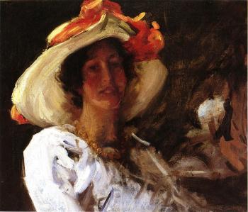 威廉 梅裡特 查斯 Portrait of Clara Stephens Wearing a Hat with an Orange Ribbon